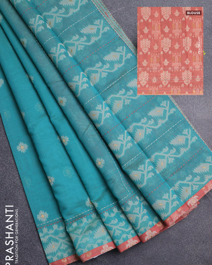 Chanderi silk cotton saree teal green and dark peach with allover thread woven buttas and jamdhani kantha stitch work border