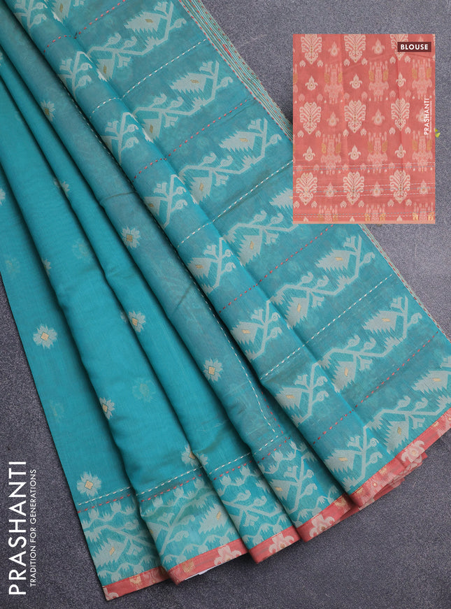 Chanderi silk cotton saree teal green and dark peach with allover thread woven buttas and jamdhani kantha stitch work border