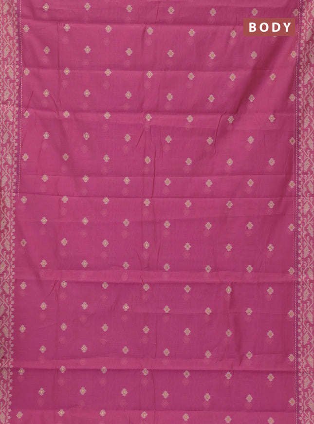 Chanderi silk cotton saree light pink and blue with allover thread woven buttas and jamdhani kantha stitch work border