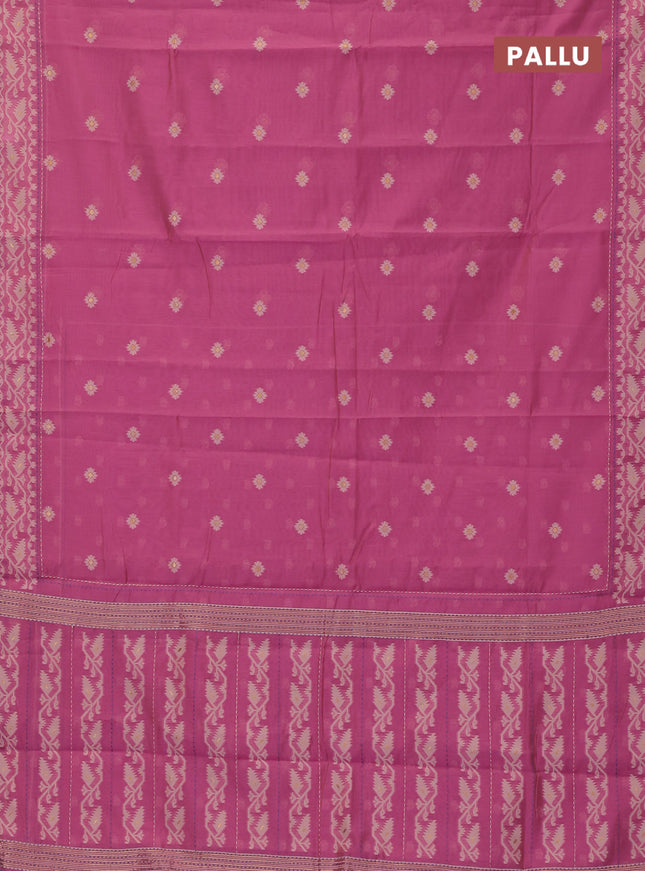 Chanderi silk cotton saree light pink and blue with allover thread woven buttas and jamdhani kantha stitch work border