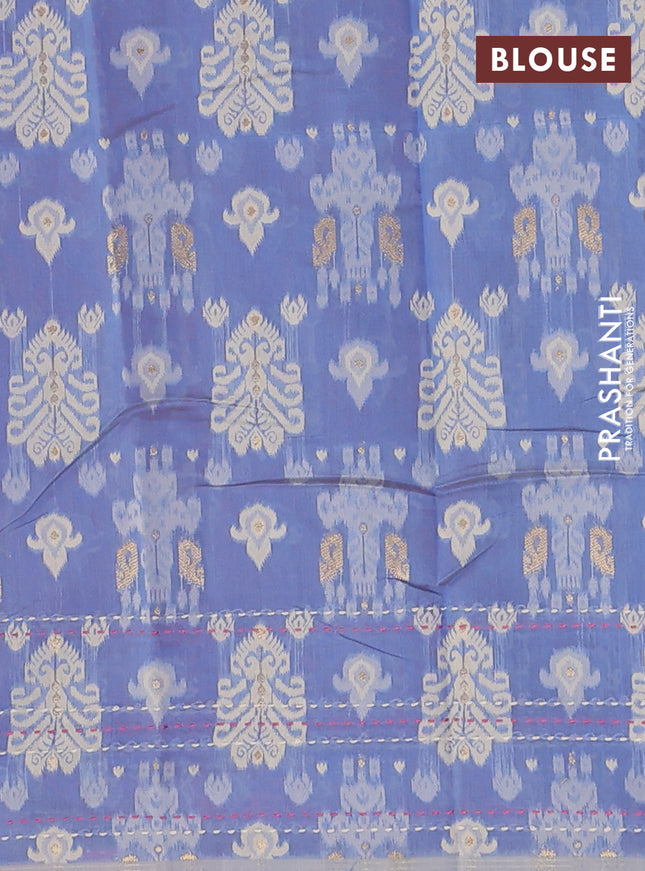 Chanderi silk cotton saree light pink and blue with allover thread woven buttas and jamdhani kantha stitch work border