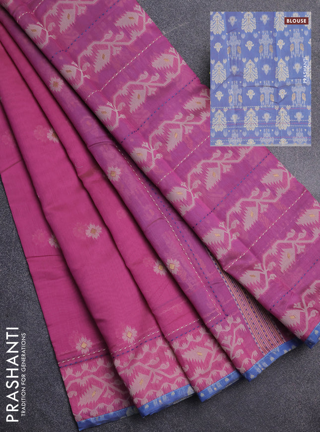 Chanderi silk cotton saree light pink and blue with allover thread woven buttas and jamdhani kantha stitch work border