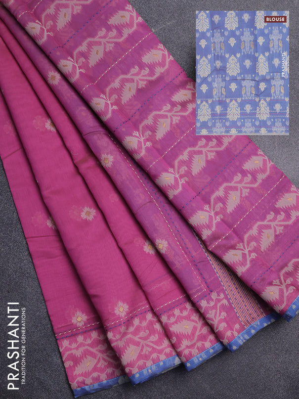 Chanderi silk cotton saree light pink and blue with allover thread woven buttas and jamdhani kantha stitch work border