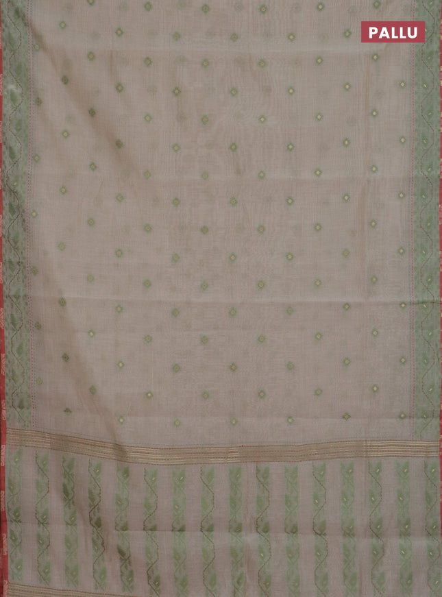 Chanderi silk cotton saree beige and dark peach with allover thread woven buttas and jamdhani kantha stitch work border