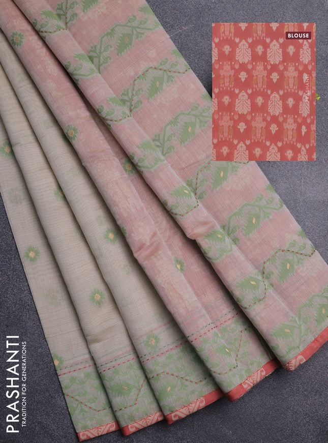 Chanderi silk cotton saree beige and dark peach with allover thread woven buttas and jamdhani kantha stitch work border
