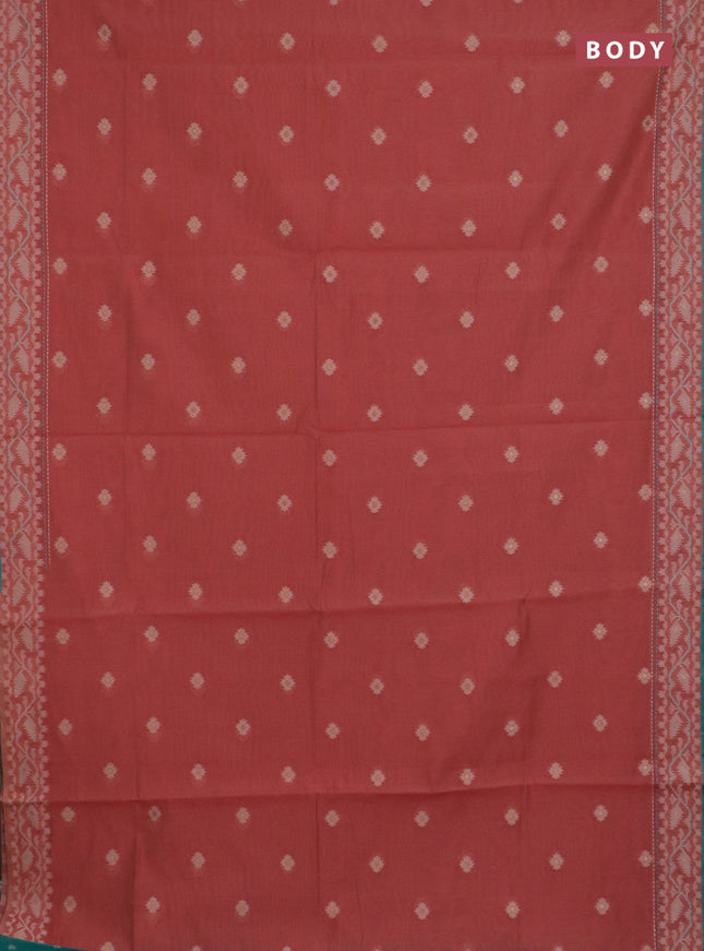 Chanderi silk cotton saree dark peach and teal green with allover thread woven buttas and jamdhani kantha stitch work border