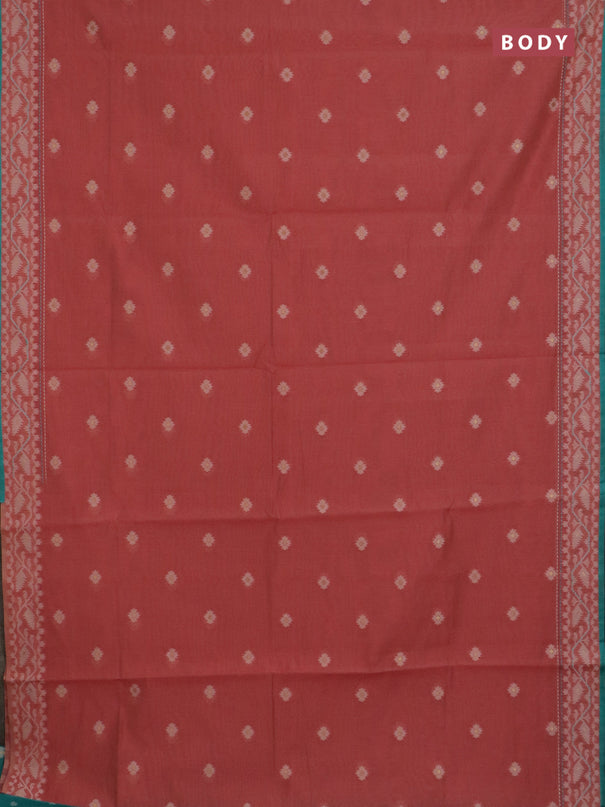 Chanderi silk cotton saree dark peach and teal green with allover thread woven buttas and jamdhani kantha stitch work border