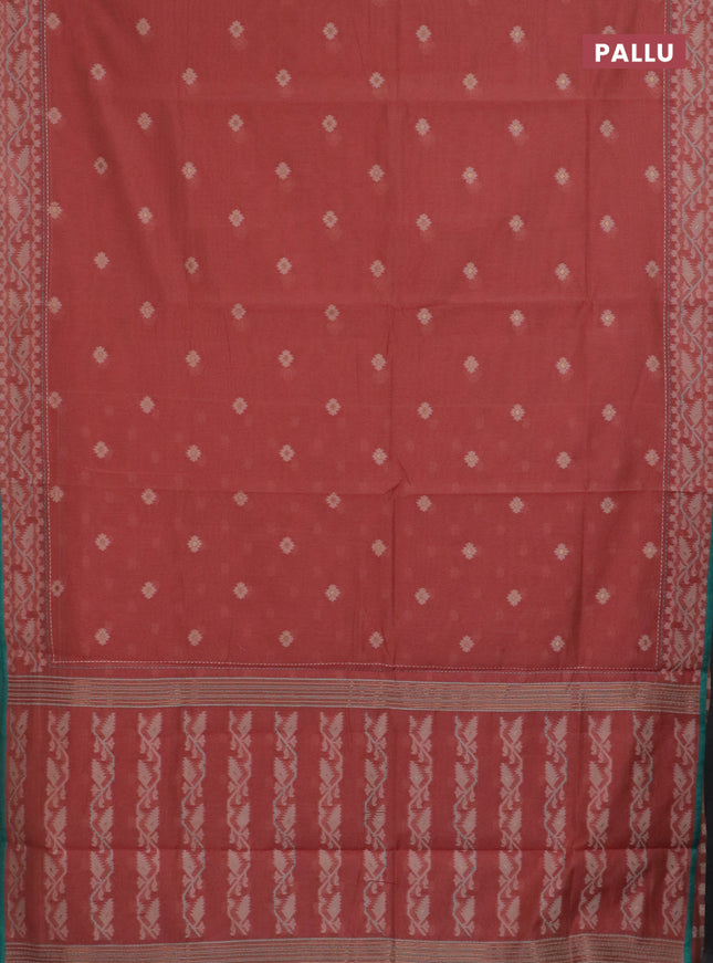 Chanderi silk cotton saree dark peach and teal green with allover thread woven buttas and jamdhani kantha stitch work border