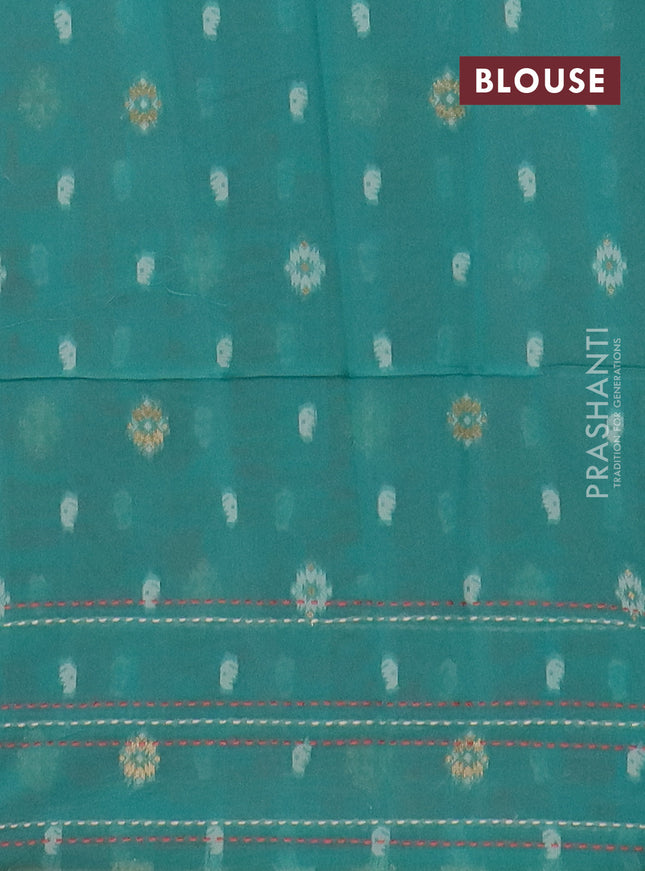 Chanderi silk cotton saree dark peach and teal green with allover thread woven buttas and jamdhani kantha stitch work border
