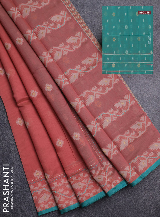 Chanderi silk cotton saree dark peach and teal green with allover thread woven buttas and jamdhani kantha stitch work border