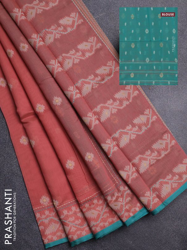Chanderi silk cotton saree dark peach and teal green with allover thread woven buttas and jamdhani kantha stitch work border