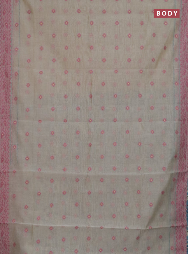 Chanderi silk cotton saree beige and light blue with allover thread woven buttas and jamdhani kantha stitch work border