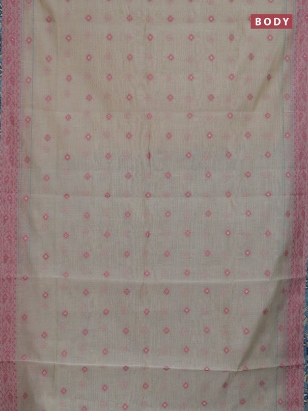 Chanderi silk cotton saree beige and light blue with allover thread woven buttas and jamdhani kantha stitch work border