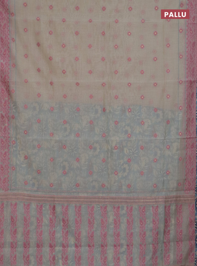 Chanderi silk cotton saree beige and light blue with allover thread woven buttas and jamdhani kantha stitch work border