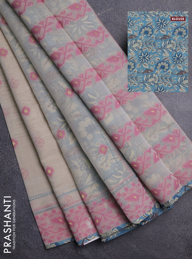 Chanderi silk cotton saree beige and light blue with allover thread woven buttas and jamdhani kantha stitch work border