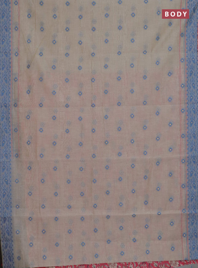 Chanderi silk cotton saree beige and peach pink with allover thread woven buttas and jamdhani kantha stitch work border
