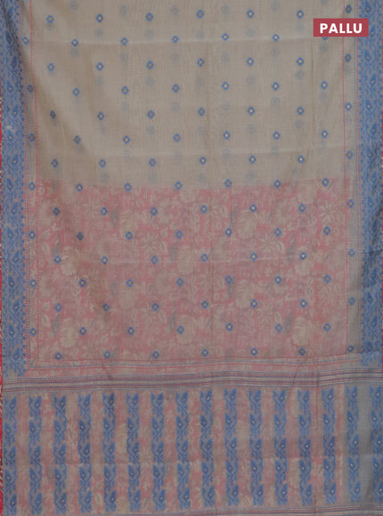 Chanderi silk cotton saree beige and peach pink with allover thread woven buttas and jamdhani kantha stitch work border