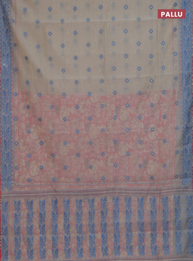 Chanderi silk cotton saree beige and peach pink with allover thread woven buttas and jamdhani kantha stitch work border