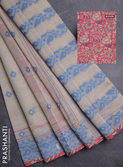 Chanderi silk cotton saree beige and peach pink with allover thread woven buttas and jamdhani kantha stitch work border
