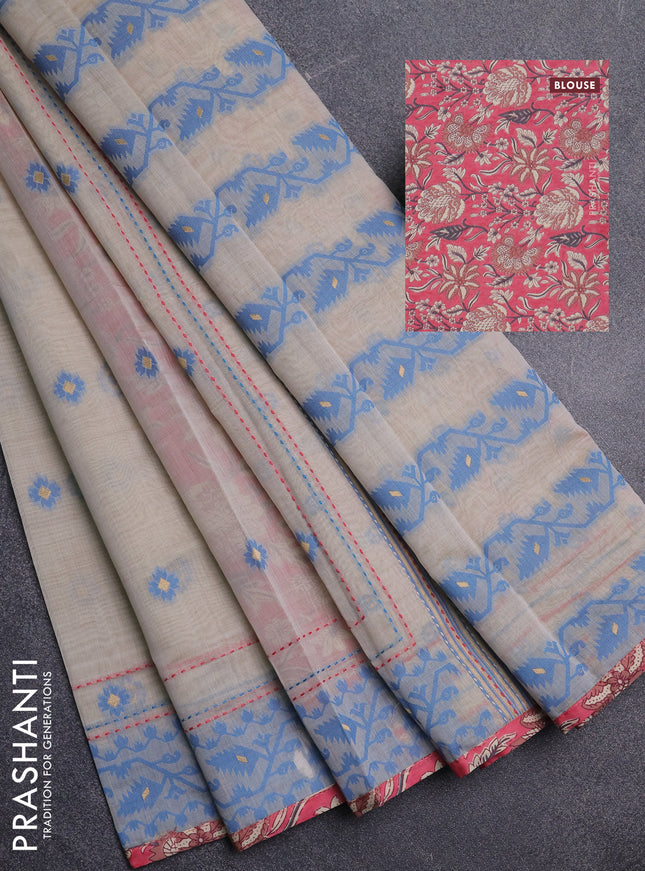 Chanderi silk cotton saree beige and peach pink with allover thread woven buttas and jamdhani kantha stitch work border