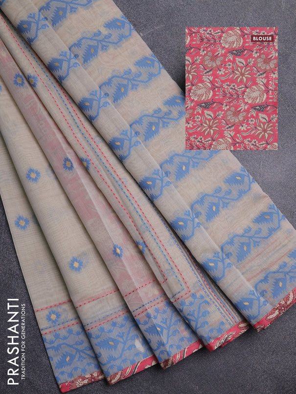 Chanderi silk cotton saree beige and peach pink with allover thread woven buttas and jamdhani kantha stitch work border