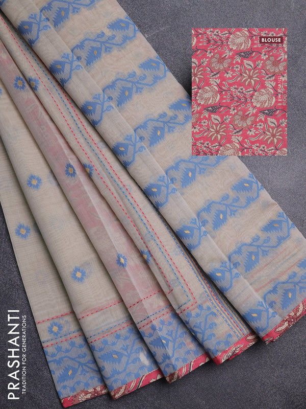 Chanderi silk cotton saree beige and peach pink with allover thread woven buttas and jamdhani kantha stitch work border
