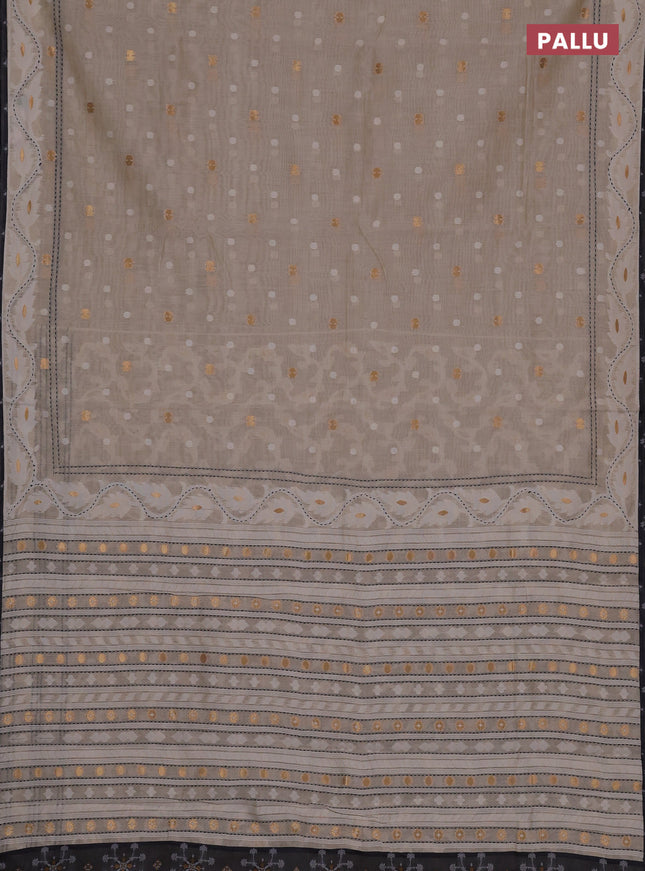 Chanderi silk cotton saree cream and grey with allover thread & zari woven buttas and jamdhani kantha stitch work border