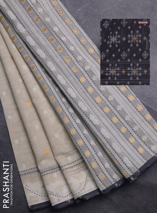 Chanderi silk cotton saree cream and grey with allover thread & zari woven buttas and jamdhani kantha stitch work border