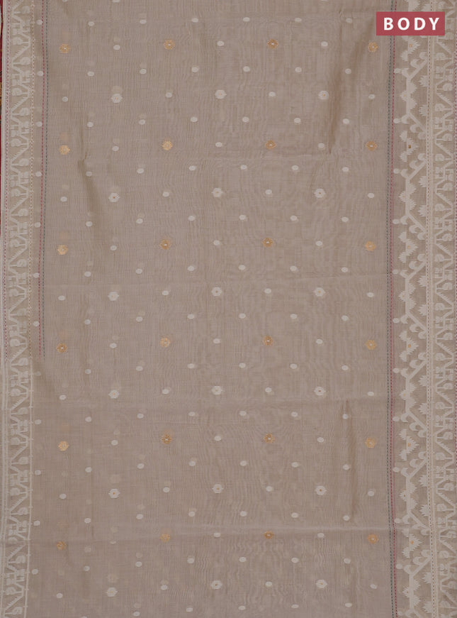 Chanderi silk cotton saree cream and dark peach with allover thread & zari woven buttas and jamdhani kantha stitch work border