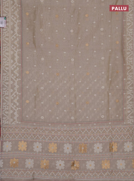 Chanderi silk cotton saree cream and dark peach with allover thread & zari woven buttas and jamdhani kantha stitch work border