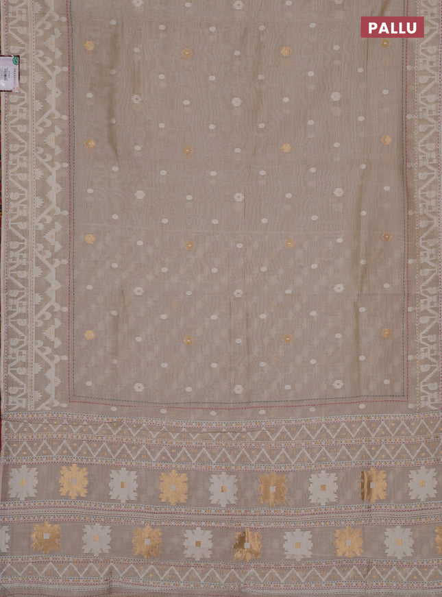 Chanderi silk cotton saree cream and dark peach with allover thread & zari woven buttas and jamdhani kantha stitch work border