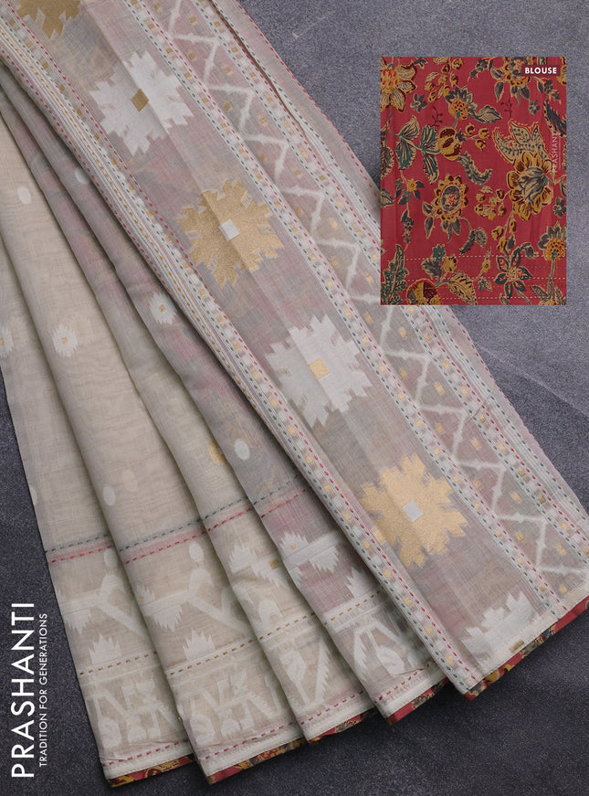 Chanderi silk cotton saree cream and dark peach with allover thread & zari woven buttas and jamdhani kantha stitch work border