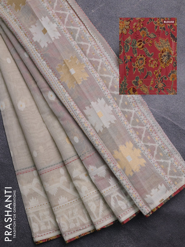 Chanderi silk cotton saree cream and dark peach with allover thread & zari woven buttas and jamdhani kantha stitch work border