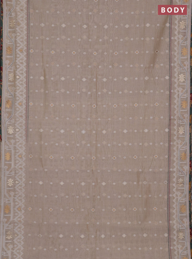 Chanderi silk cotton saree cream and pastel green shade with allover thread & zari woven buttas and jamdhani kantha stitch work border