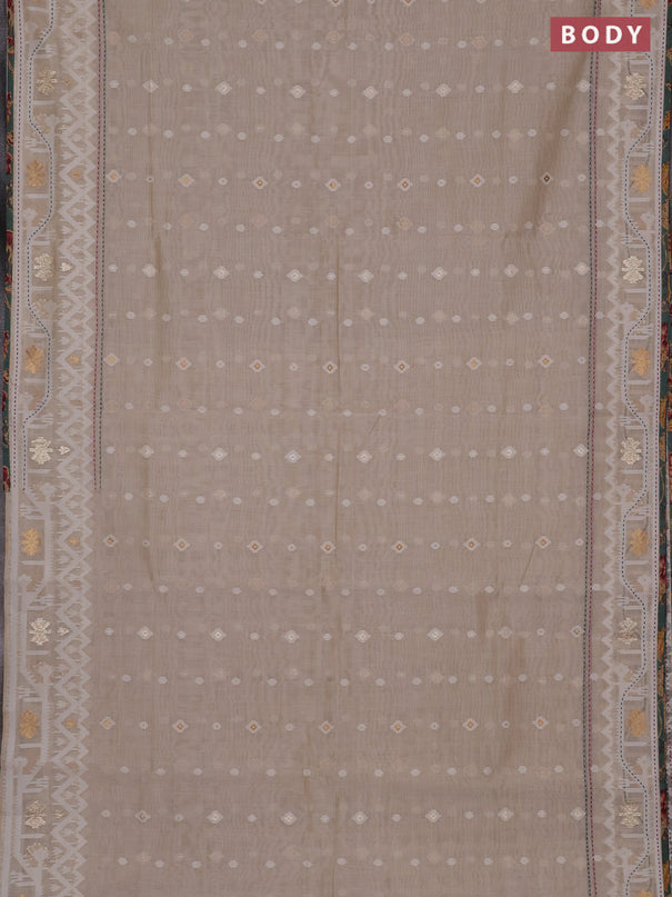 Chanderi silk cotton saree cream and pastel green shade with allover thread & zari woven buttas and jamdhani kantha stitch work border