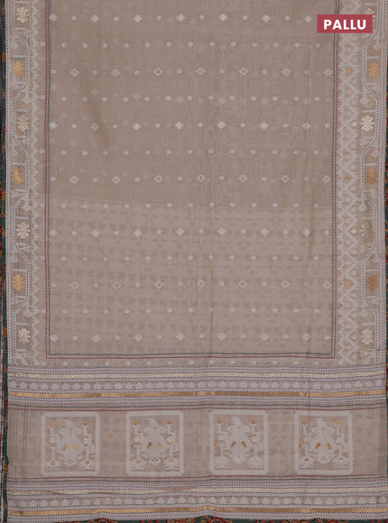 Chanderi silk cotton saree cream and pastel green shade with allover thread & zari woven buttas and jamdhani kantha stitch work border