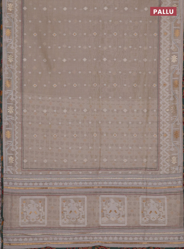 Chanderi silk cotton saree cream and pastel green shade with allover thread & zari woven buttas and jamdhani kantha stitch work border