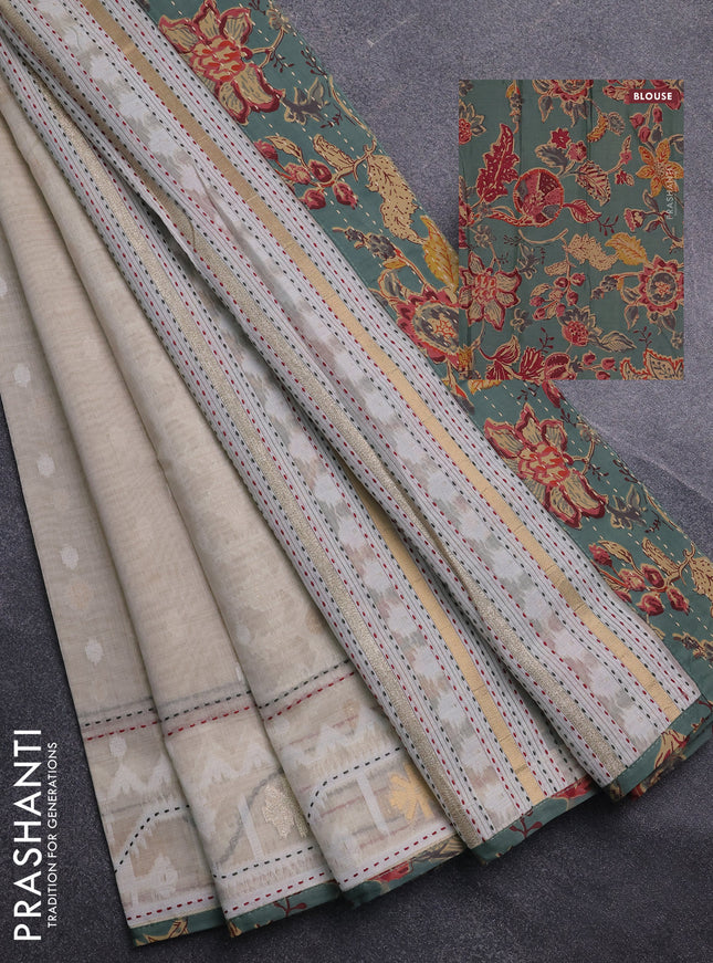 Chanderi silk cotton saree cream and pastel green shade with allover thread & zari woven buttas and jamdhani kantha stitch work border