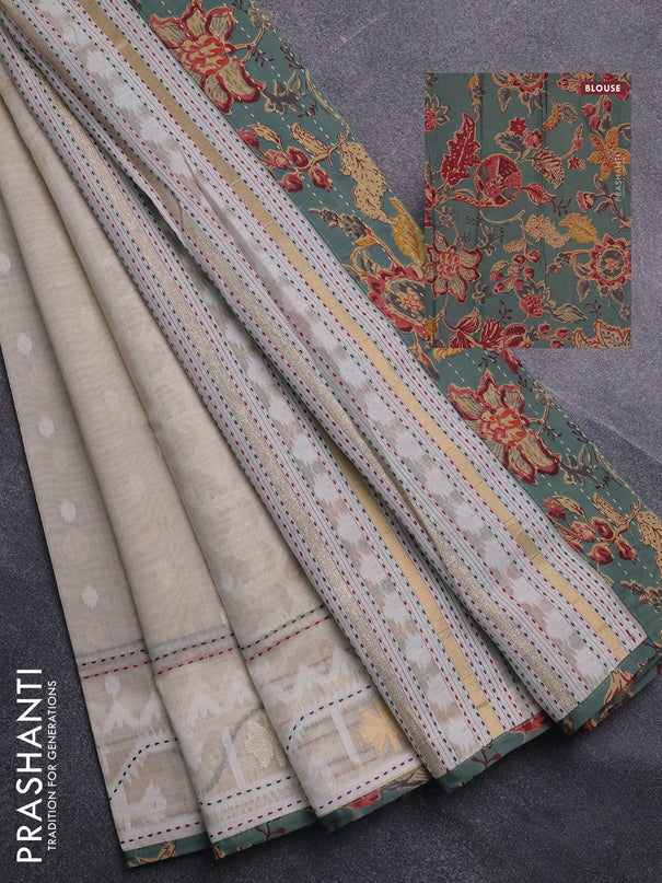 Chanderi silk cotton saree cream and pastel green shade with allover thread & zari woven buttas and jamdhani kantha stitch work border
