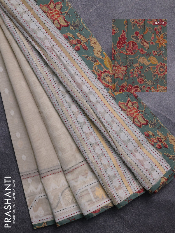 Chanderi silk cotton saree cream and pastel green shade with allover thread & zari woven buttas and jamdhani kantha stitch work border