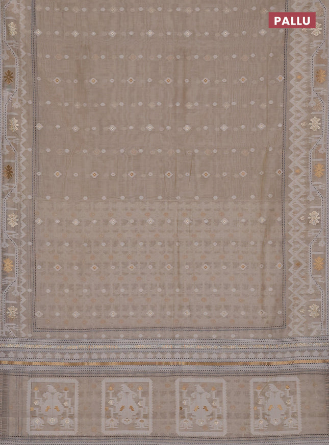Chanderi silk cotton saree cream and multi colour with allover thread & zari woven buttas and jamdhani kantha stitch work border