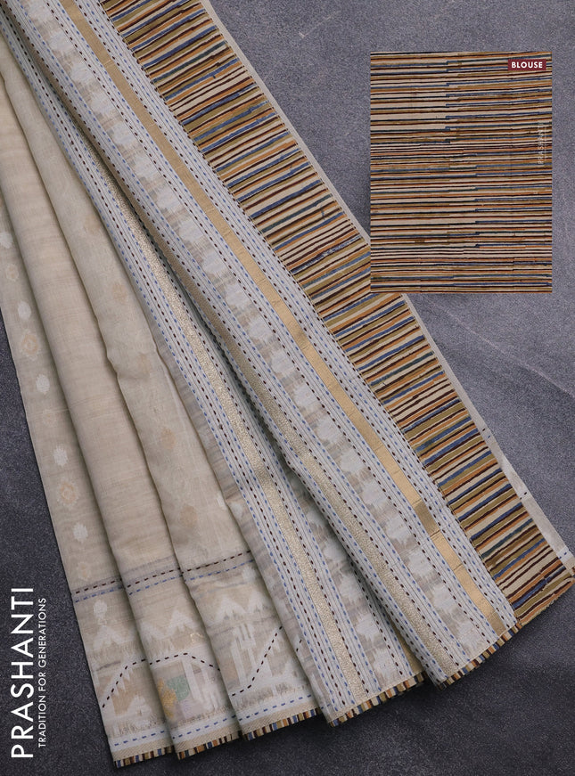 Chanderi silk cotton saree cream and multi colour with allover thread & zari woven buttas and jamdhani kantha stitch work border