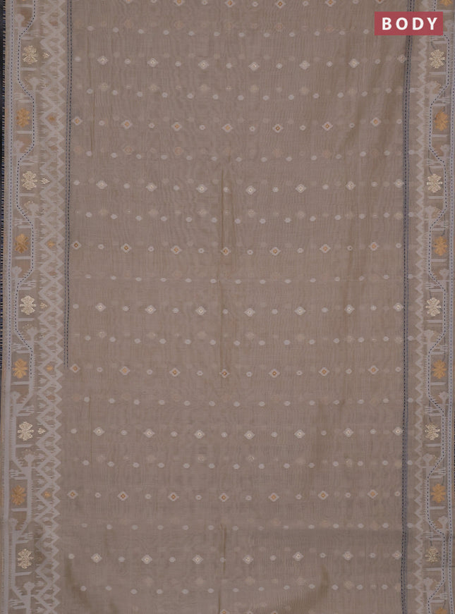Chanderi silk cotton saree cream and bluish grey with allover thread & zari woven buttas and jamdhani kantha stitch work border
