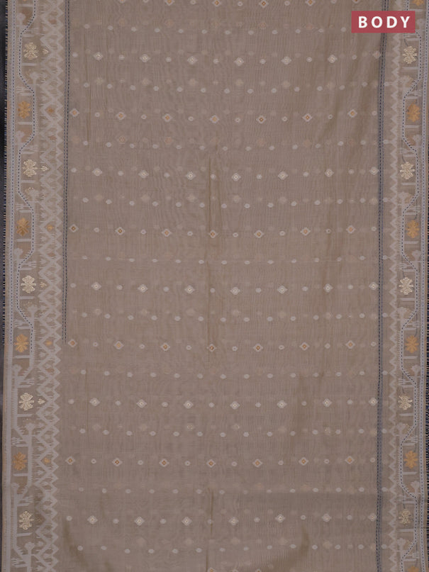 Chanderi silk cotton saree cream and bluish grey with allover thread & zari woven buttas and jamdhani kantha stitch work border