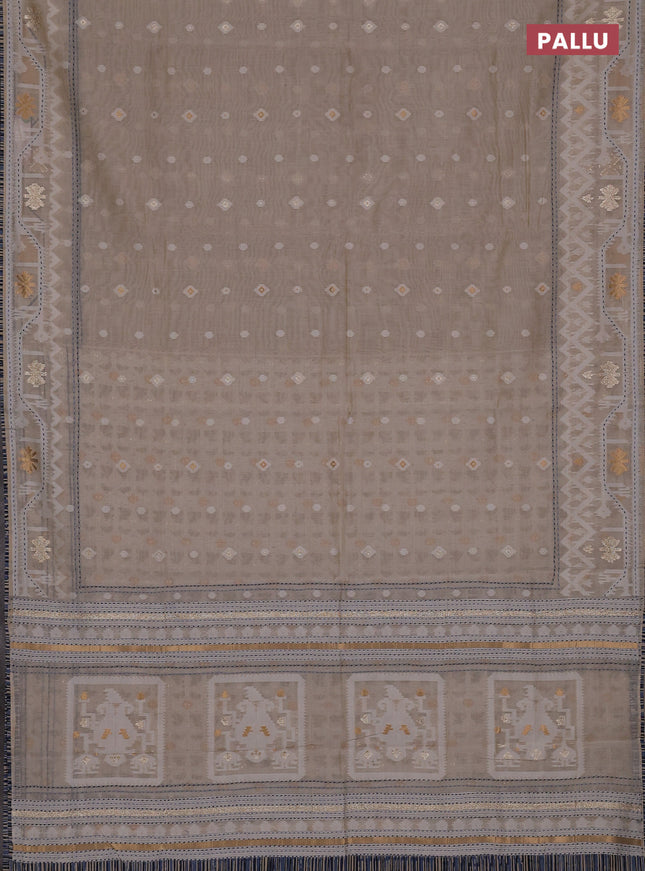 Chanderi silk cotton saree cream and bluish grey with allover thread & zari woven buttas and jamdhani kantha stitch work border