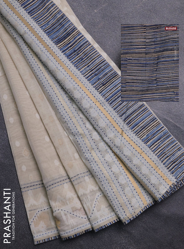 Chanderi silk cotton saree cream and bluish grey with allover thread & zari woven buttas and jamdhani kantha stitch work border
