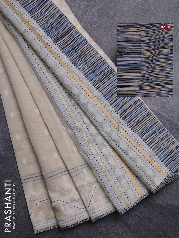 Chanderi silk cotton saree cream and bluish grey with allover thread & zari woven buttas and jamdhani kantha stitch work border