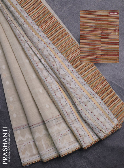 Chanderi silk cotton saree cream and multi colour with allover thread & zari woven buttas and jamdhani kantha stitch work border