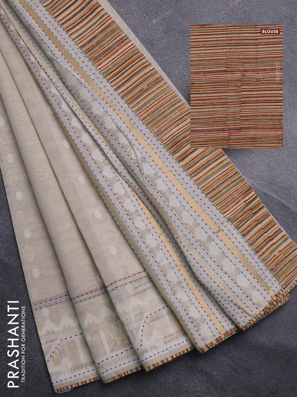 Chanderi silk cotton saree cream and multi colour with allover thread & zari woven buttas and jamdhani kantha stitch work border