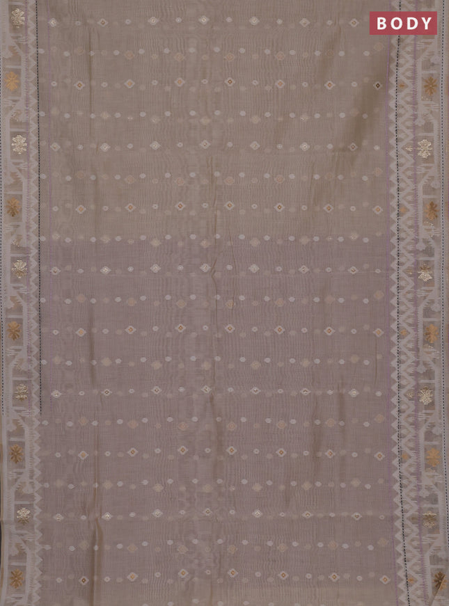 Chanderi silk cotton saree cream and mild lavender with allover thread & zari woven buttas and jamdhani kantha stitch work border